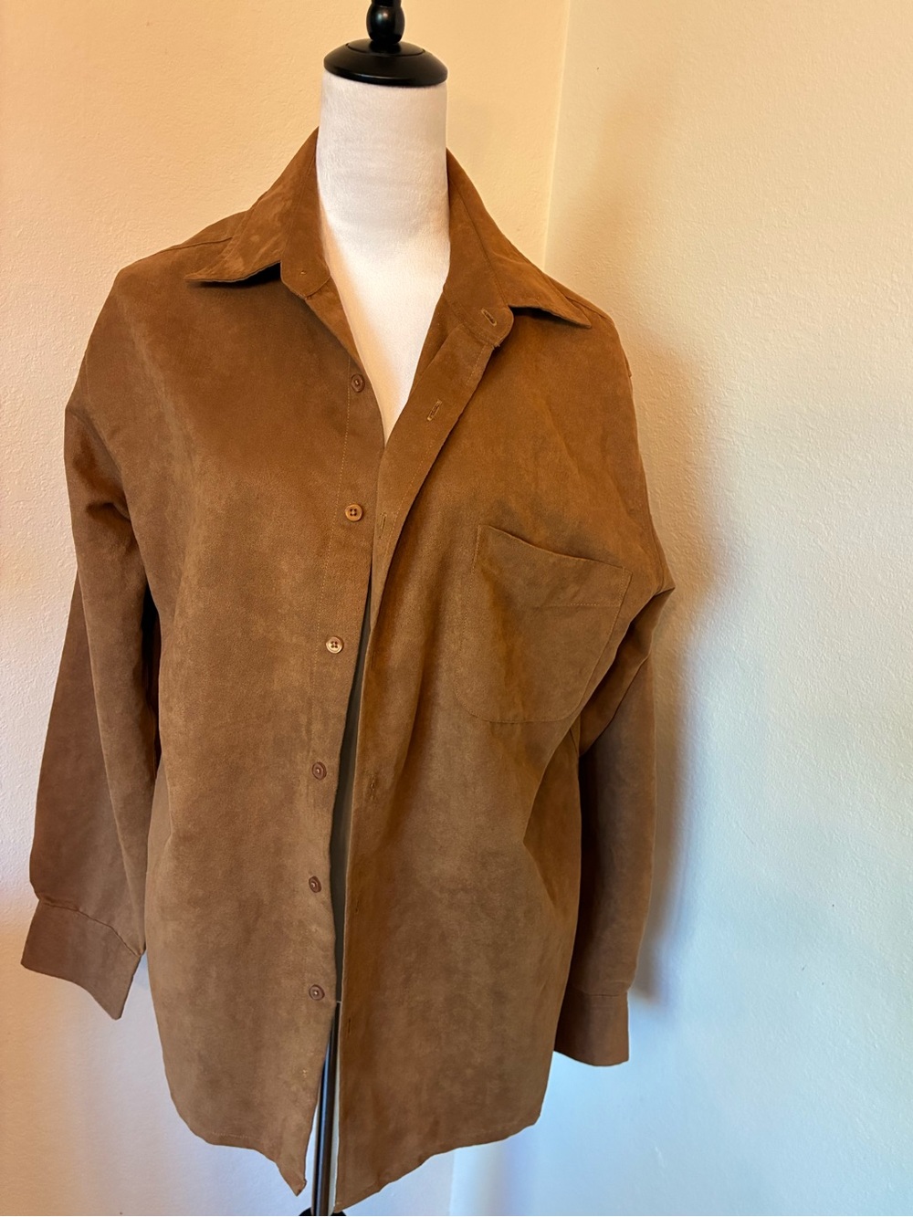 Faux Suede Long Sleeve Shirt Jacket - Brown